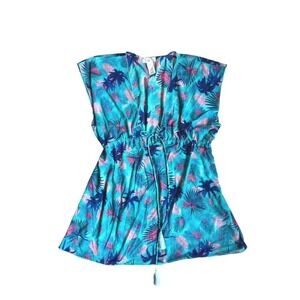 OP Ocean Pacific Tropical Palm Print Swim Cover Up Blue Pink XL Drawstring Waist